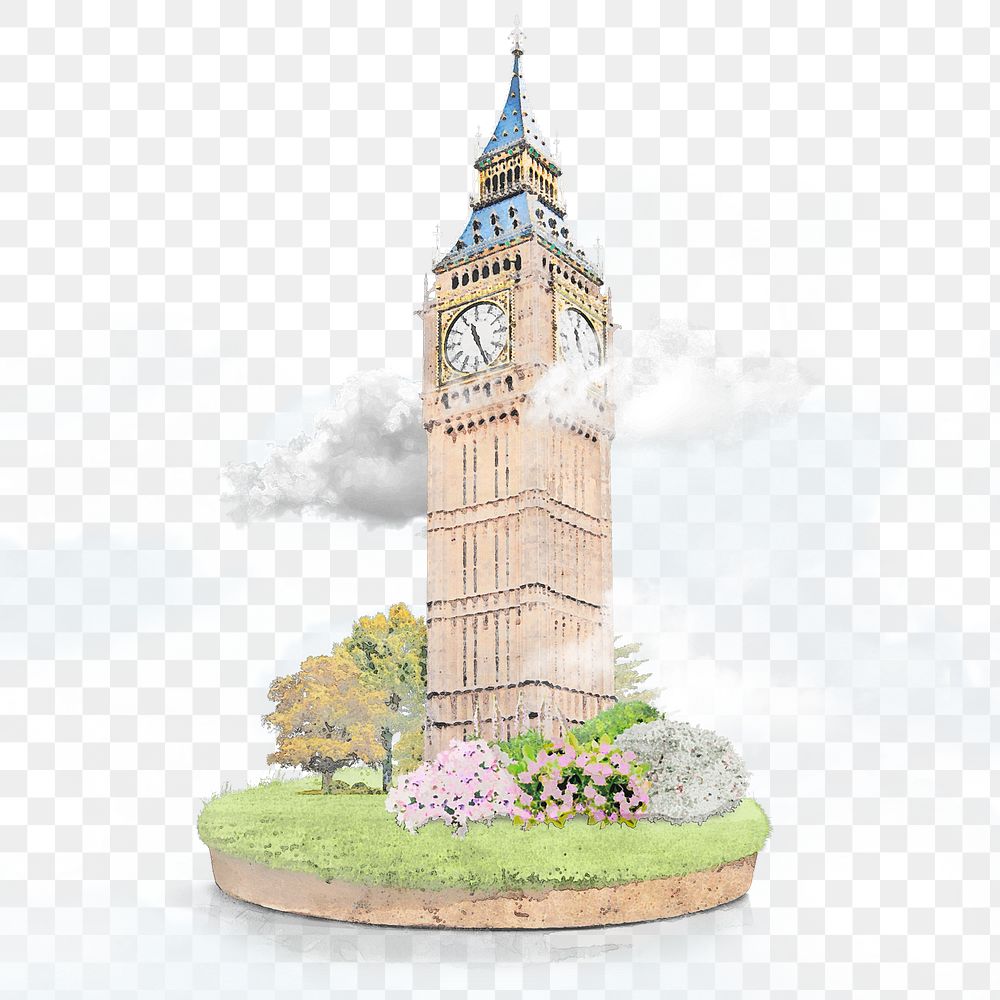 Watercolor Big Ben png illustration, London clock tower with floral design, transparent background