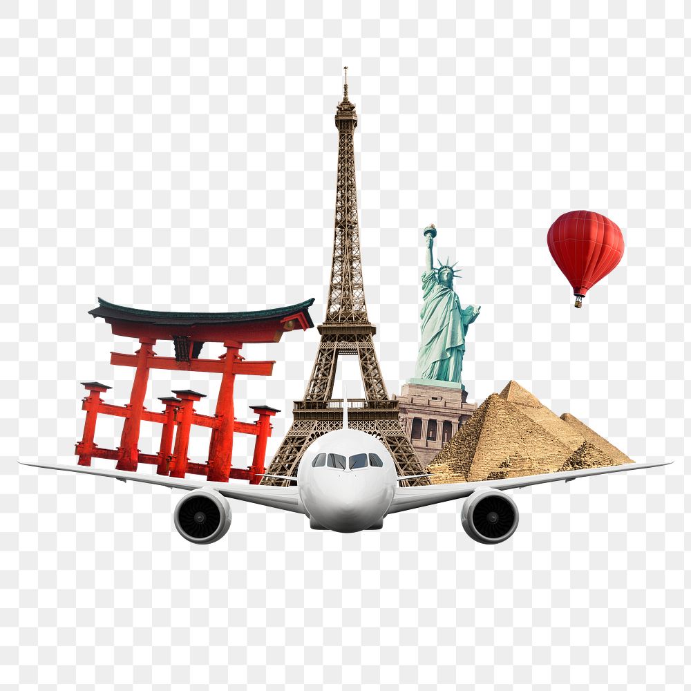 World travel png background, famous landmarks with airplane remixed media 