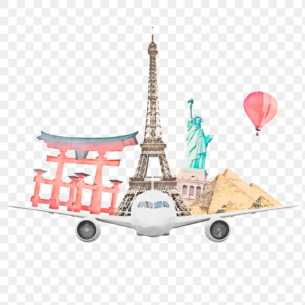 World travel watercolor png transparent background, attractions illustration