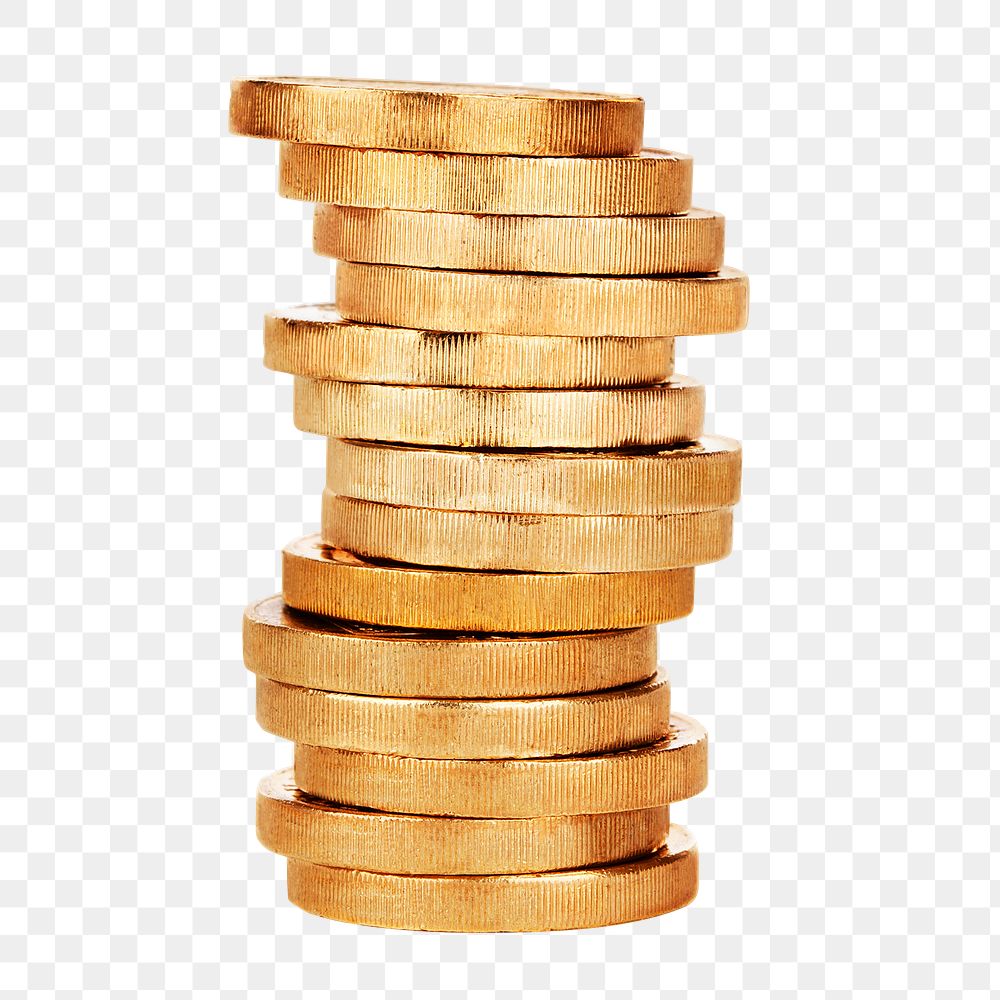 Gold coins png sticker, money stack image on transparent background