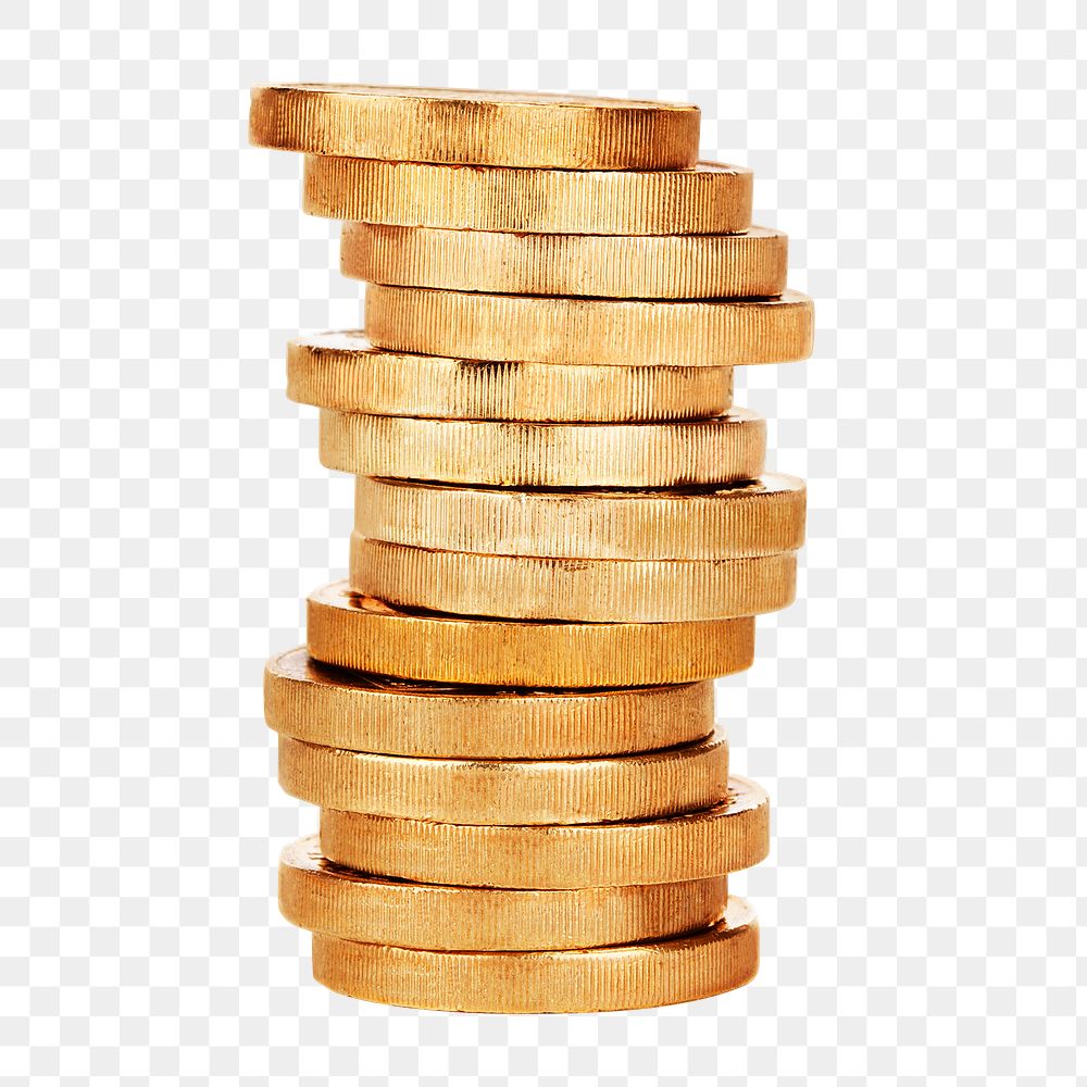 Gold coins png sticker, money stack image on transparent background