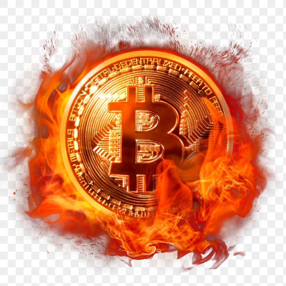 Flaming bitcoin png clipart, cryptocurrency, digital finance, grunge remixed media