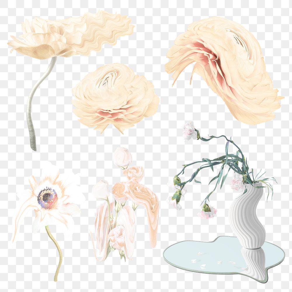 Flowers PNG stickers psychedelic pastel abstract art set