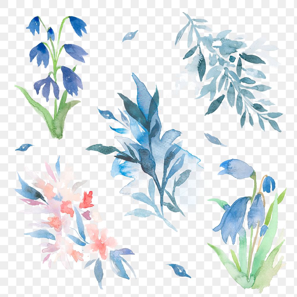 Winter png leaves set watercolor blue seasonal graphic