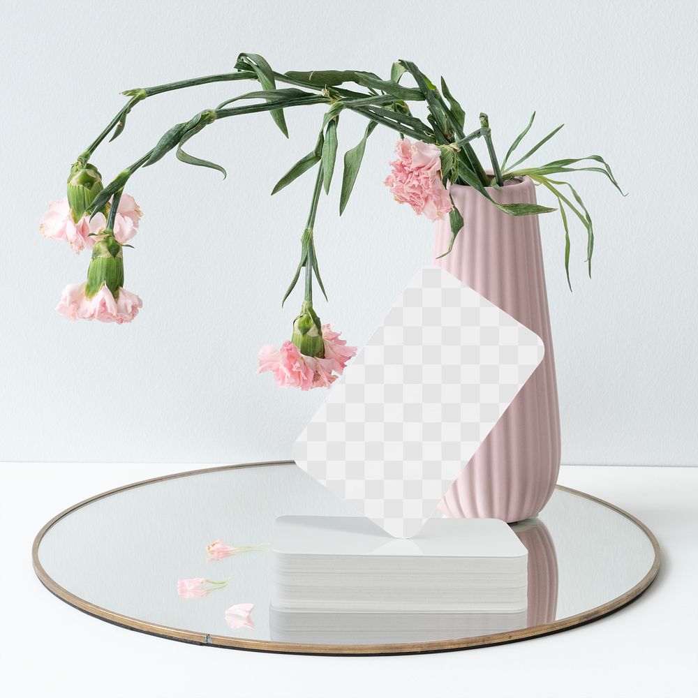 Business card mockup png transparent with flower vase on white background