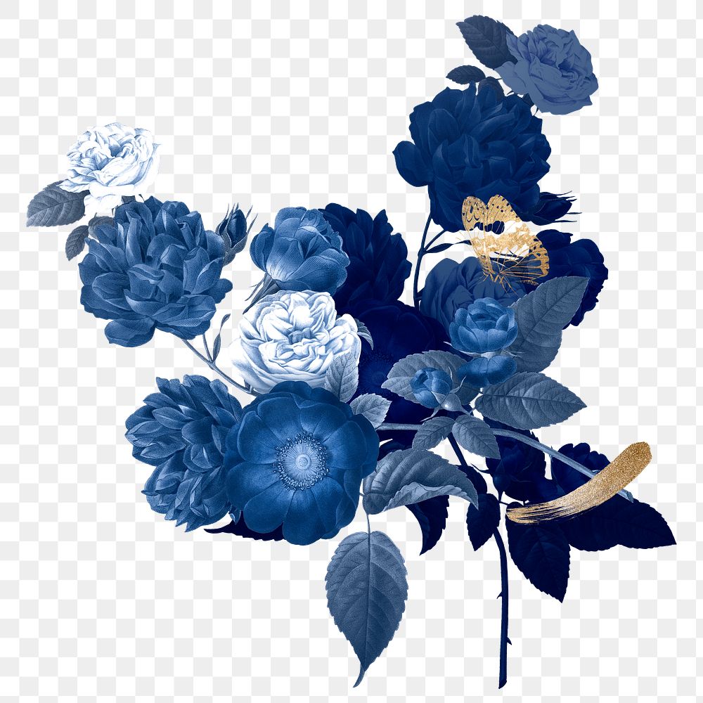 Floral png clip art watercolor, blue illustration, remixed from vintage public domain images