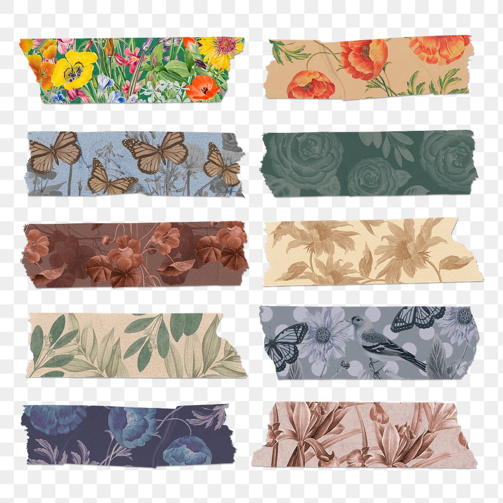 Png collage floral washi tape stickers, DIY decorative set for scrapbooking