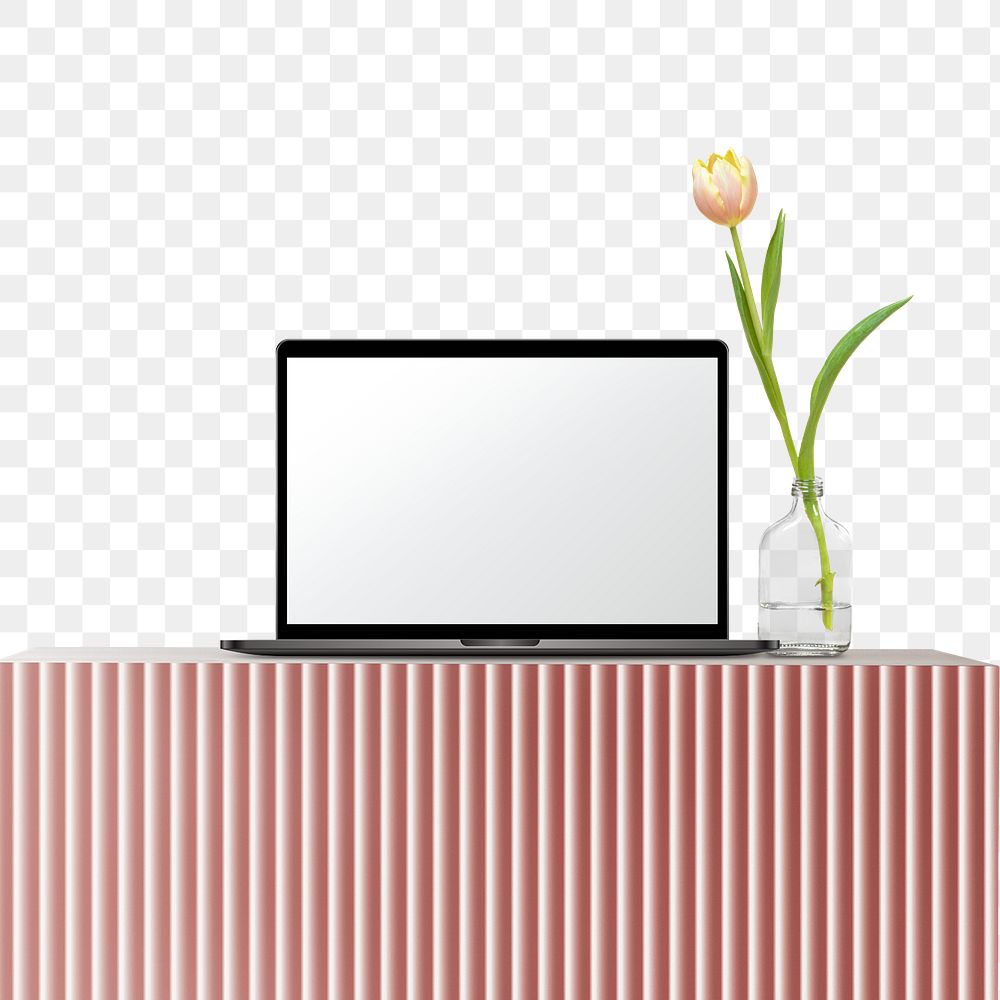 Blank laptop png, pink modern desk in transparent background