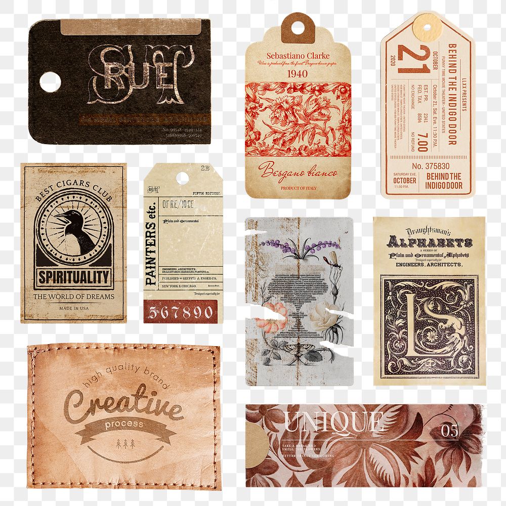 Vintage label png, aesthetic paper, realistic design with logo set on transparent background