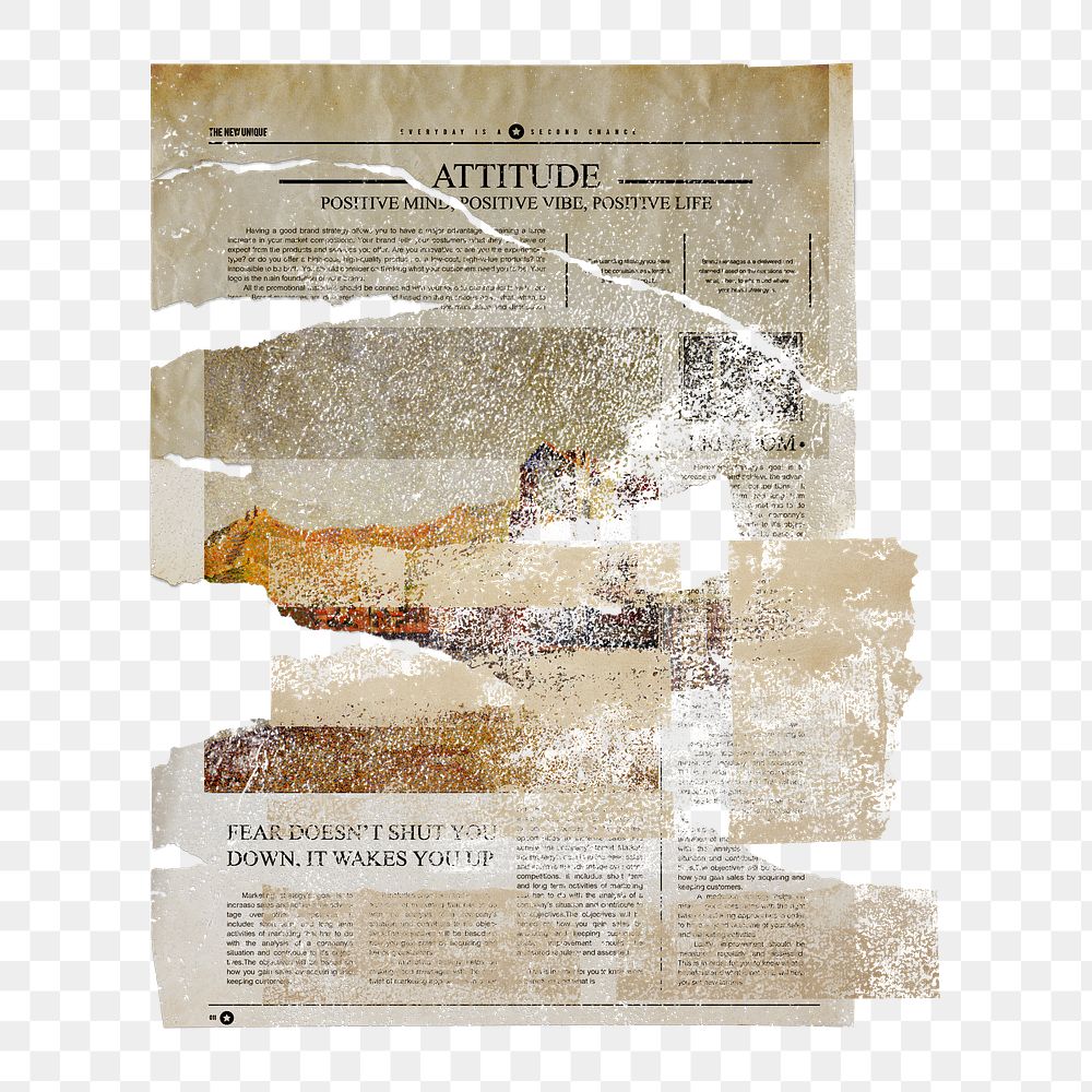 Vintage newspaper png, glued to a wall on transparent background