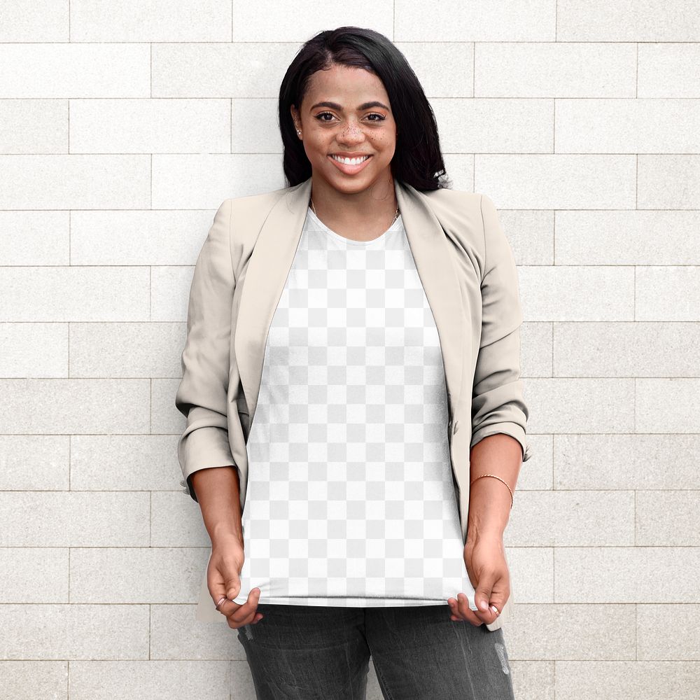 Casual tshirt mockup png transparent, worn by a young woman