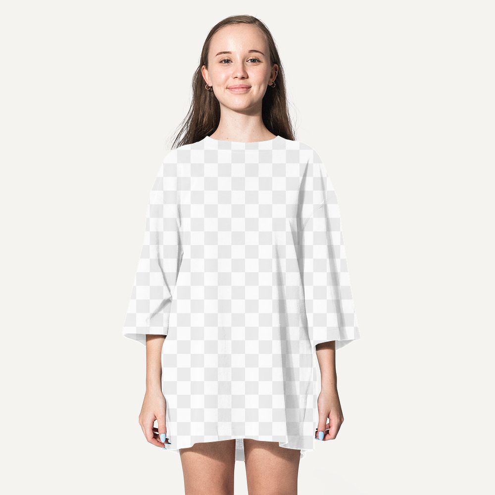 Casual tshirt dress mockup png transparent, worn by a young woman