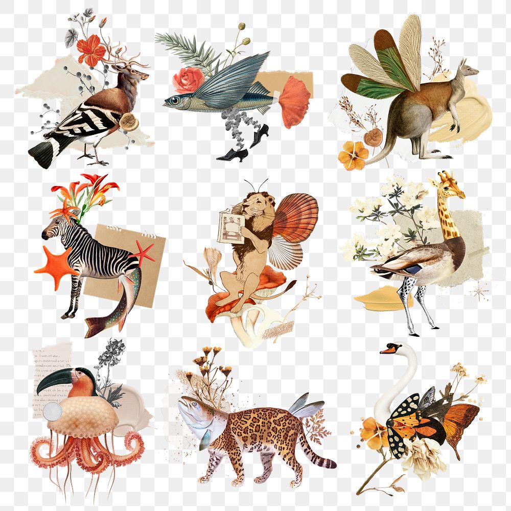 Retro animal collage sticker png, aesthetic surreal scrapbook cut out clip art illustration