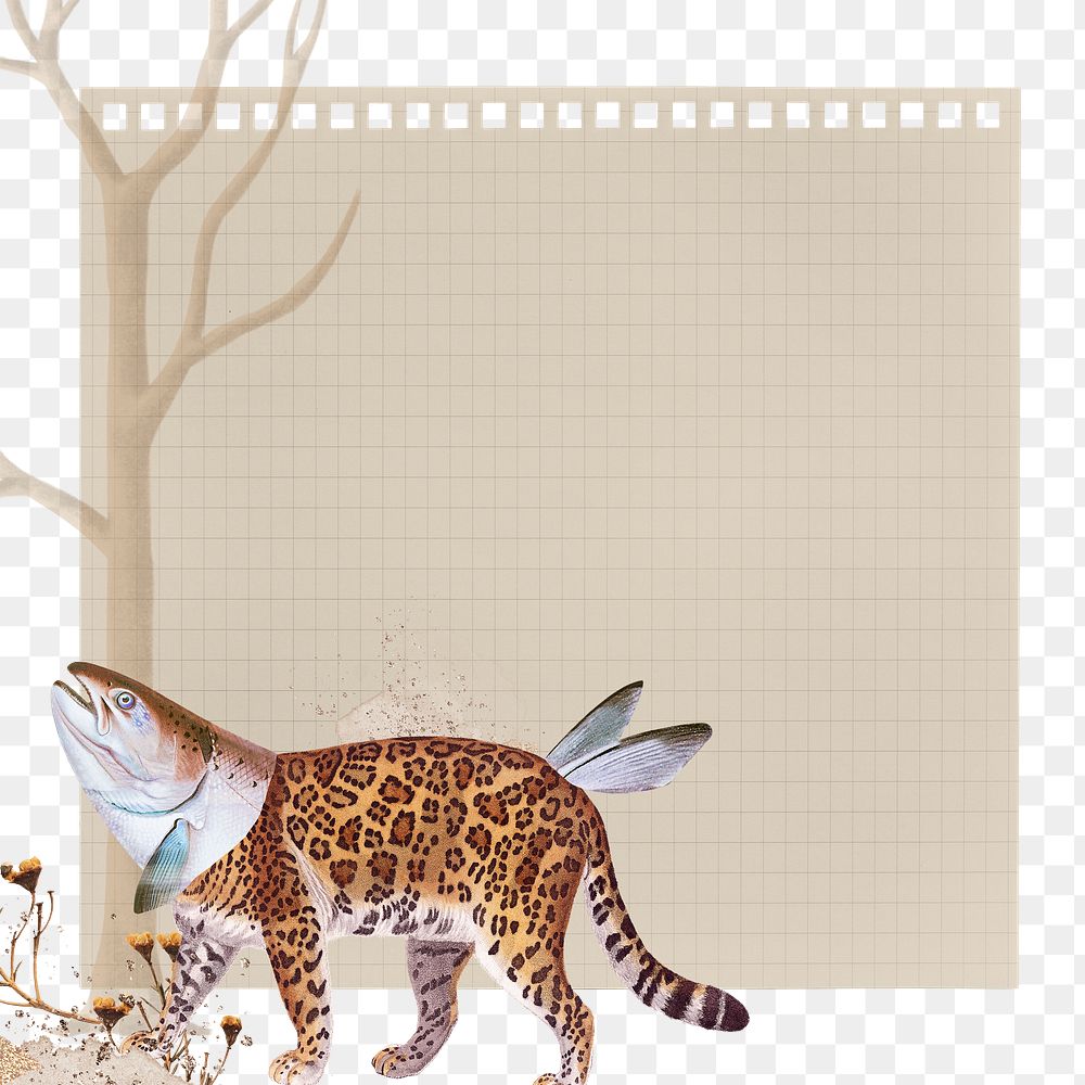 Retro leopard png sticker note transparent frame background, surreal hybrid animal scrapbook illustration