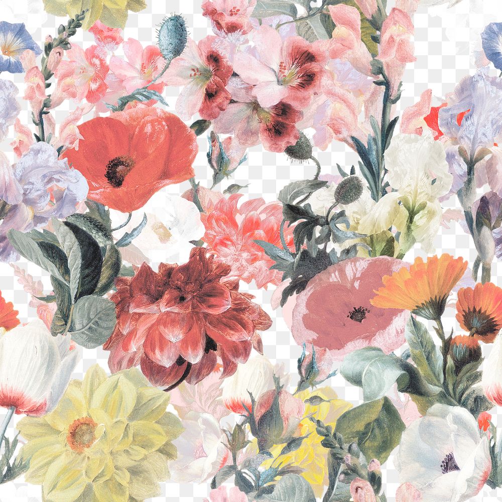 Colorful floral png pattern clipart, transparent background, remixed from original artworks by Pierre Joseph Redouté