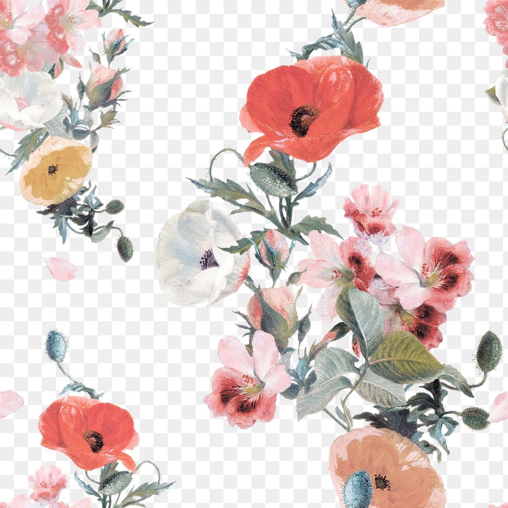 Vintage floral png pattern clipart, transparent background, remixed from original artworks by Pierre Joseph Redouté