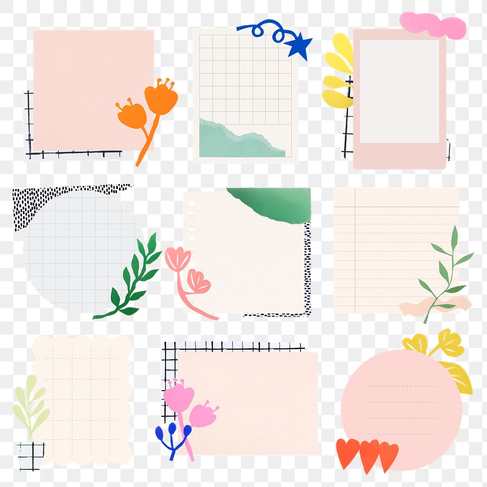Cute note png stickers, botanical collage element for bullet journal set, transparent background