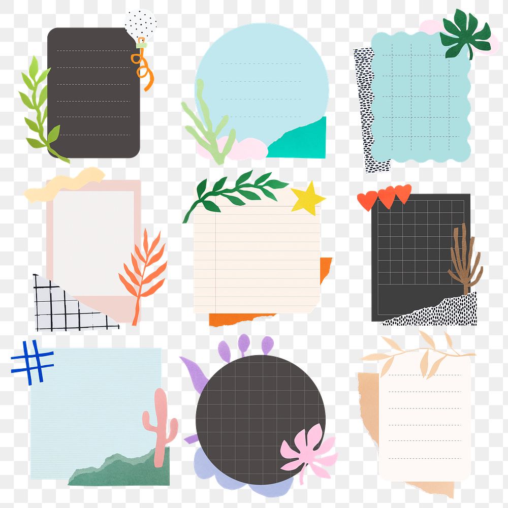 Cute note png stickers, botanical collage element for bullet journal set, transparent background