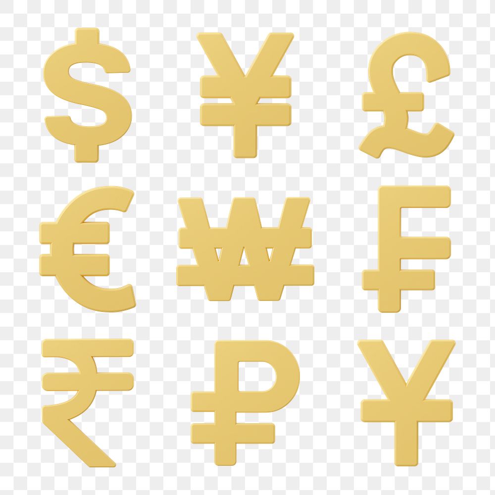 International currency png, money sign clipart, 3D finance graphic set on transparent background