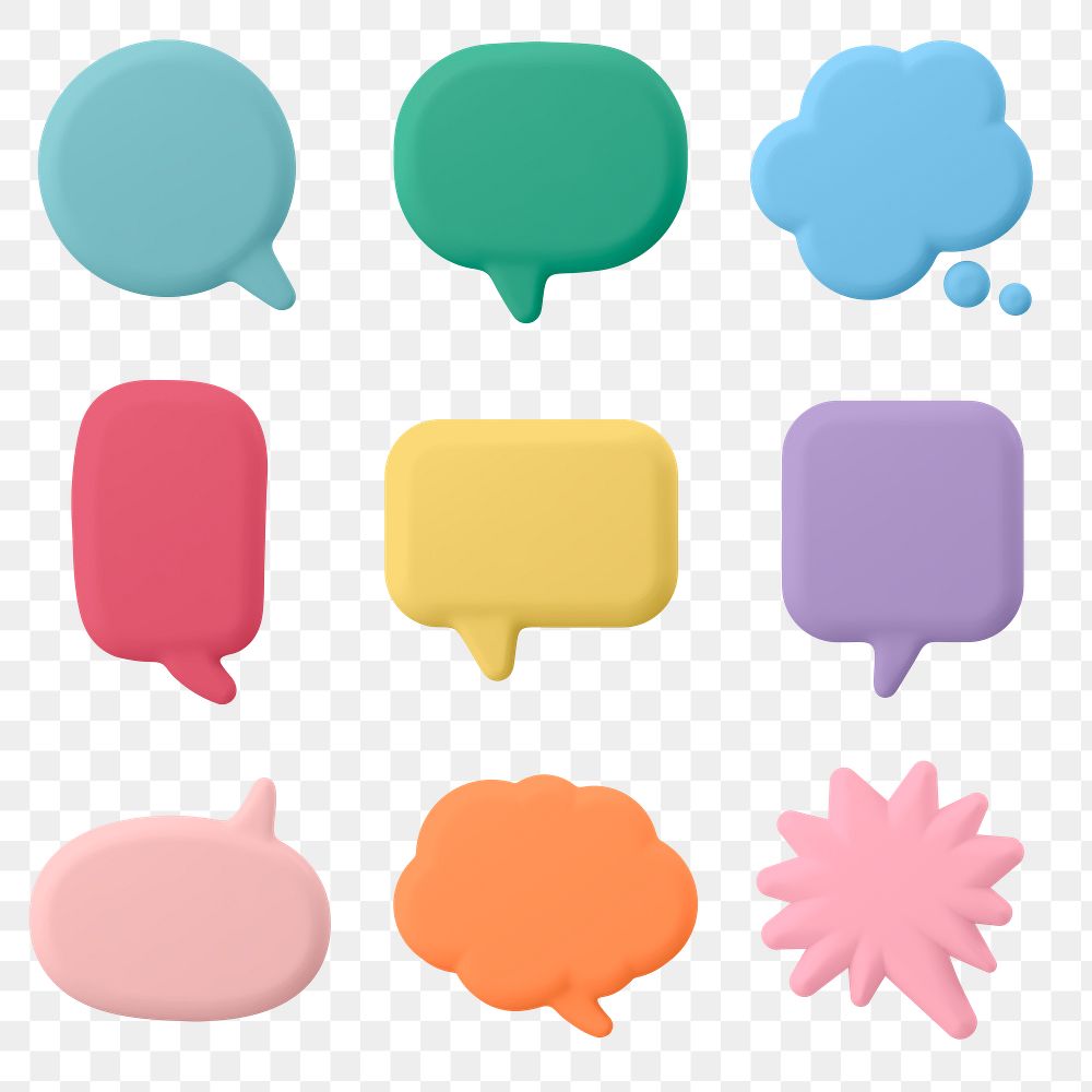3D png speech bubble stickers, colorful badges set on transparent background
