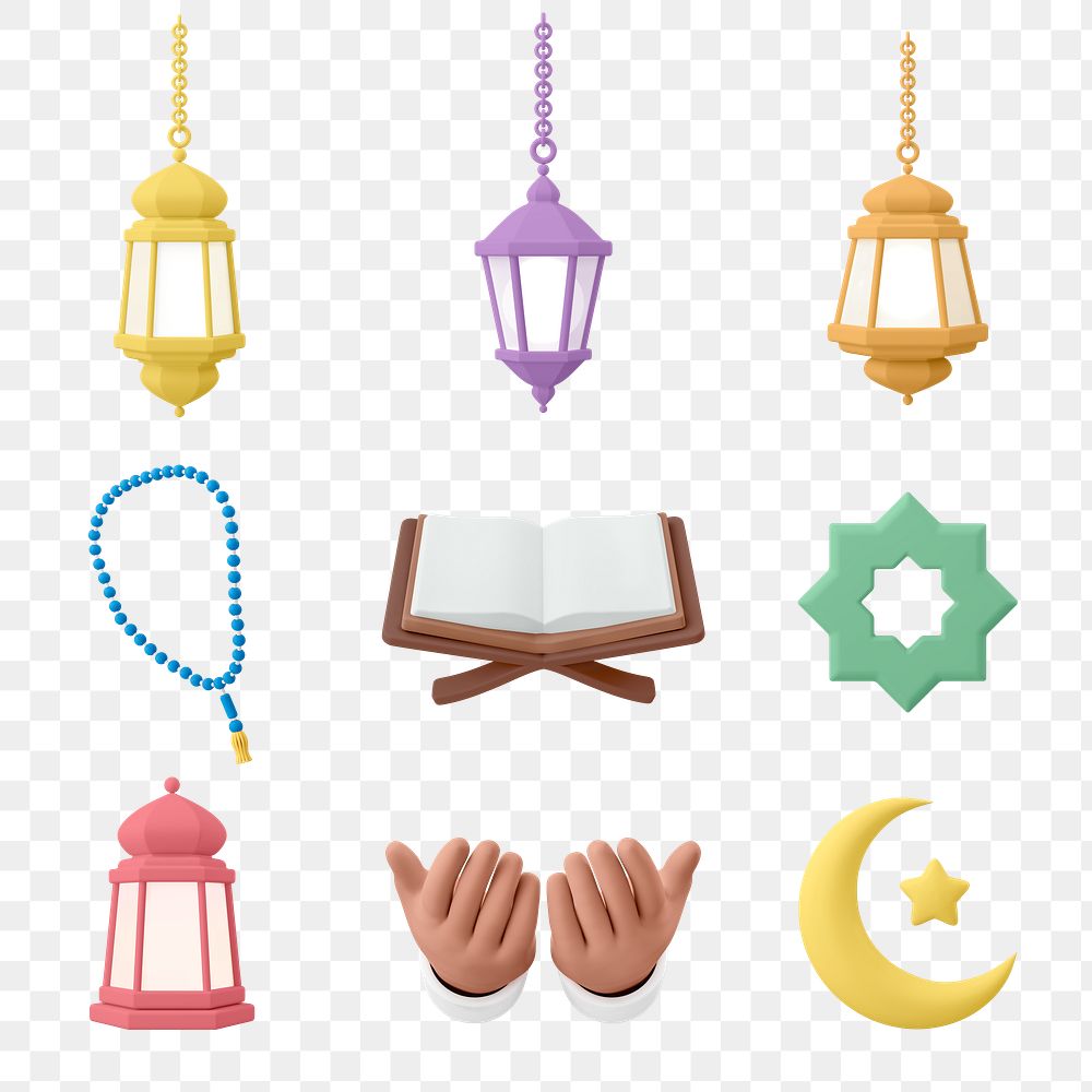 Islam religion png clipart, 3D illustrations set on transparent background