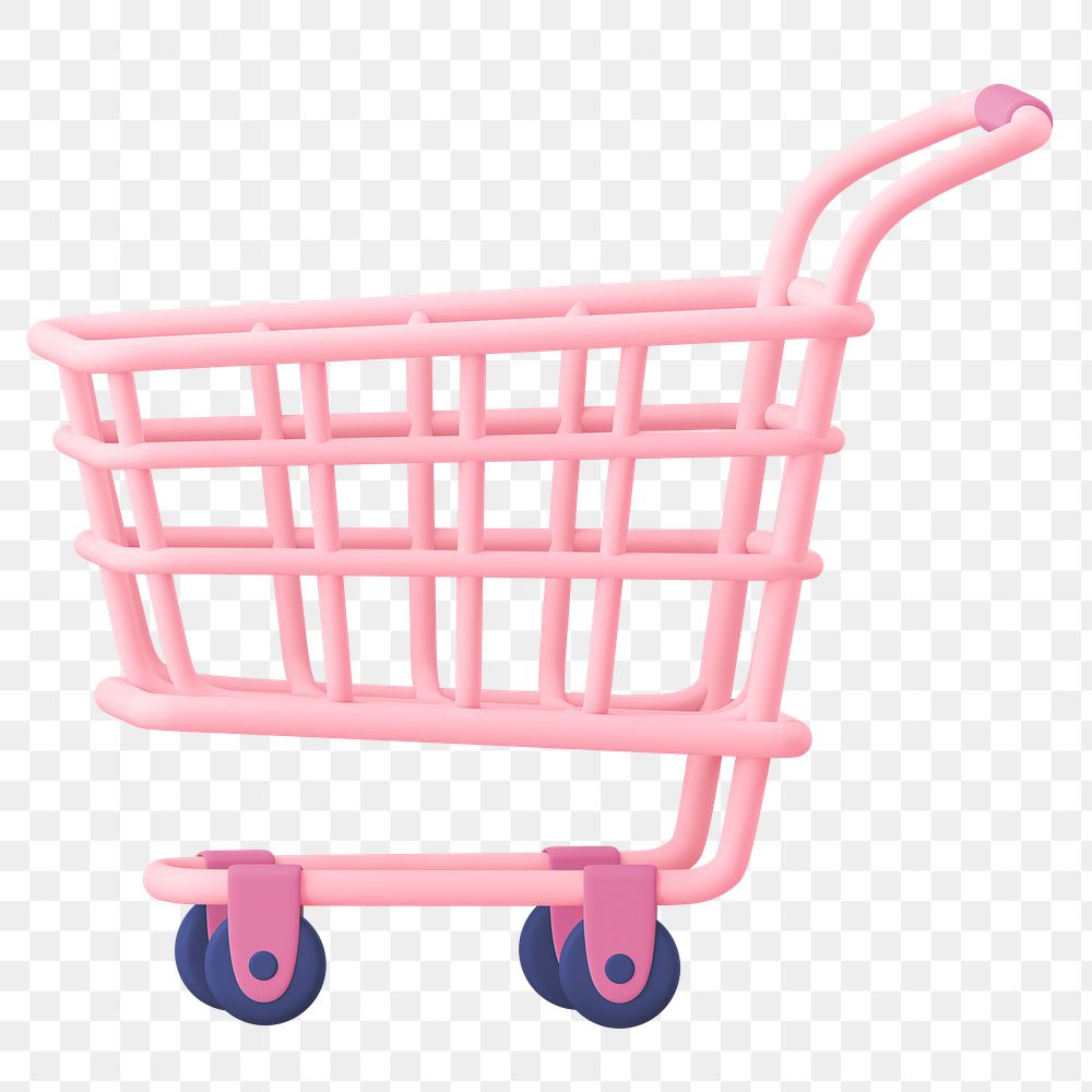 Shopping cart png, supermarket, 3D pink illustration on transparent background