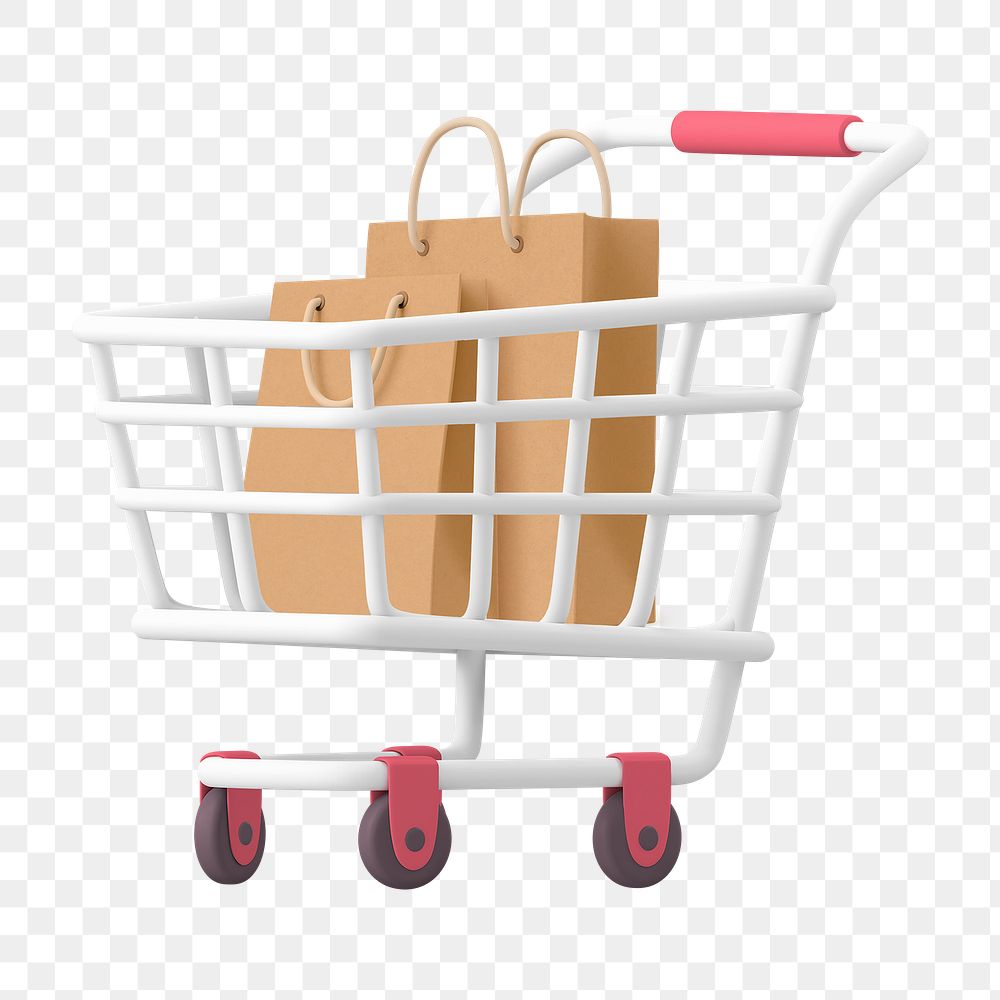 Shopping cart png bags, 3D illustration on transparent background