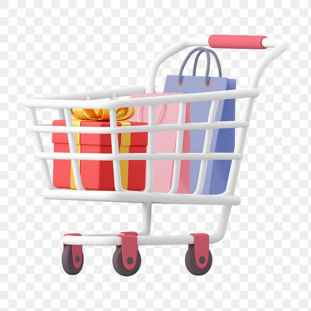 Birthday gift png shopping, 3D trolley illustration on transparent background