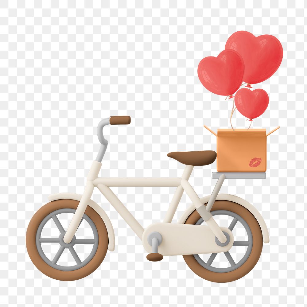 Valentine's delivery png bicycle, 3D vehicle illustration on transparent background