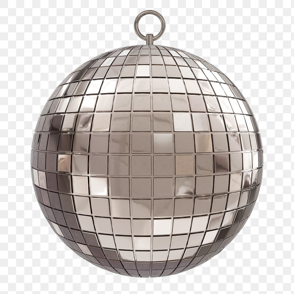 Silver disco png ball, 3D festive decoration illustration on transparent background