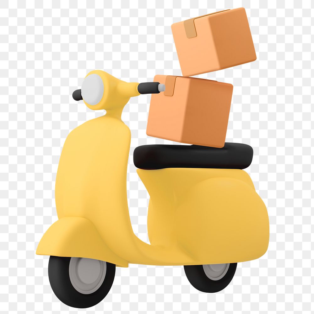 Yellow motorcycle png, 3D delivery service vehicle illustration on transparent background