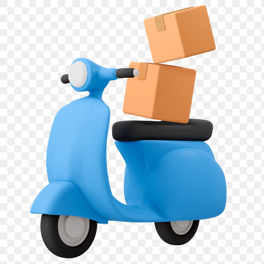 Blue motorcycle png, 3D delivery service vehicle illustration on transparent background