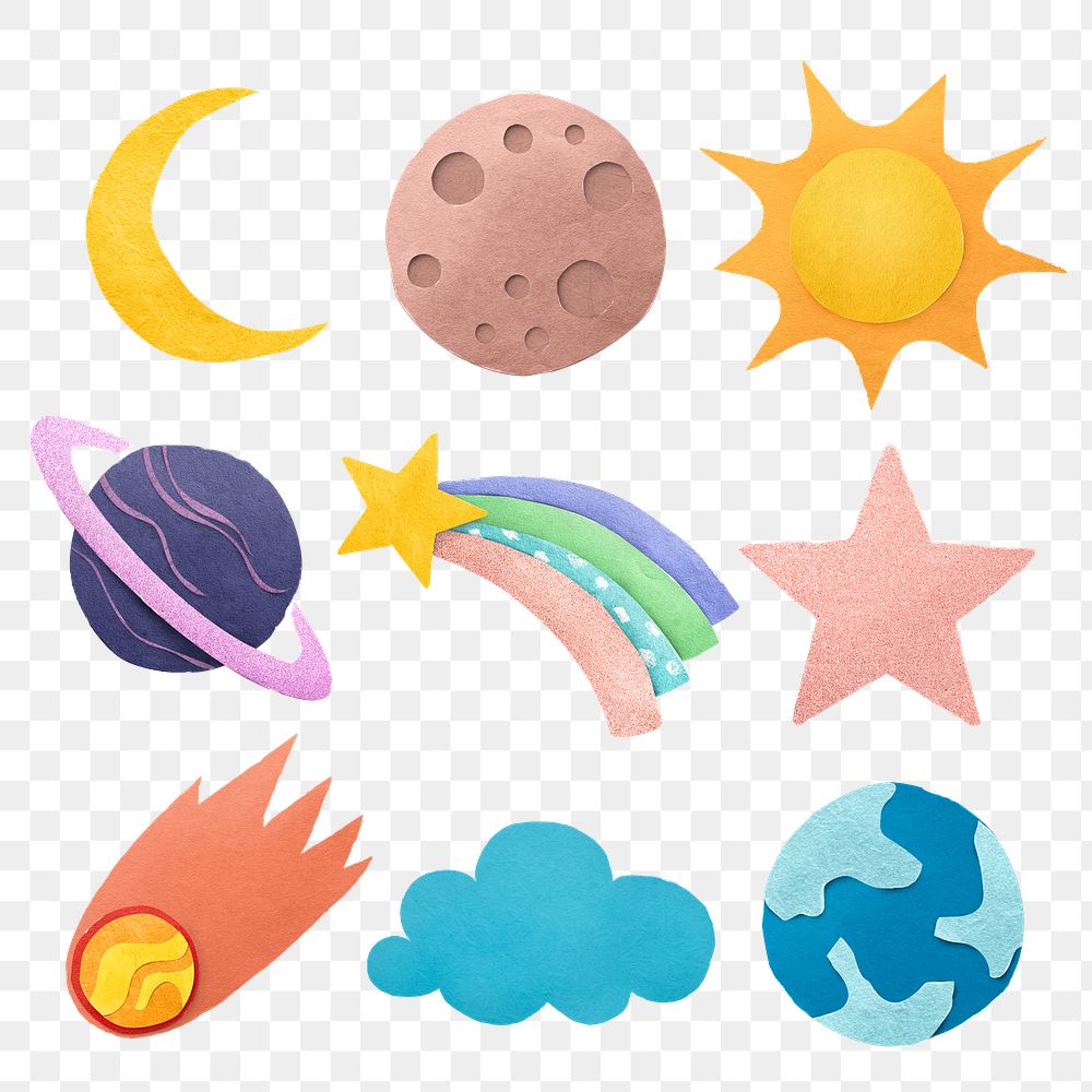 Png space paper craft sticker set in transparent background