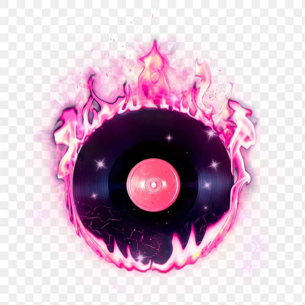 Flaming vinyl png record clipart, grunge music, pink neon design