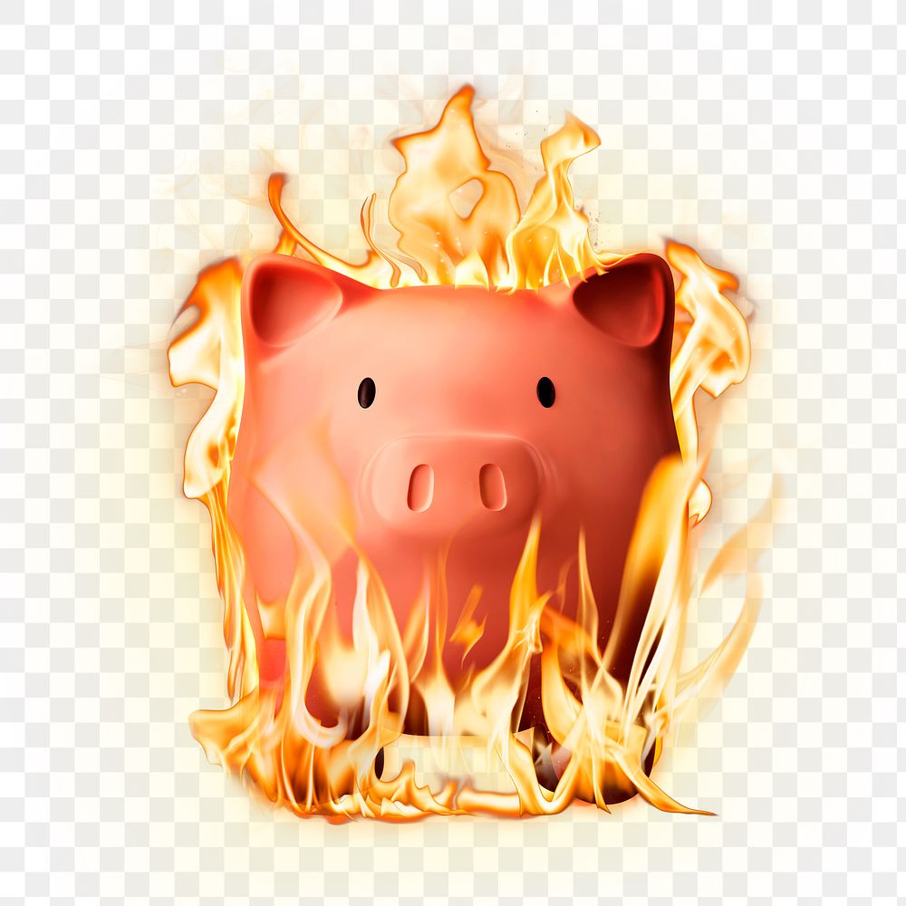 Flaming piggy bank png, 3D clipart, neon grunge design on transparent background