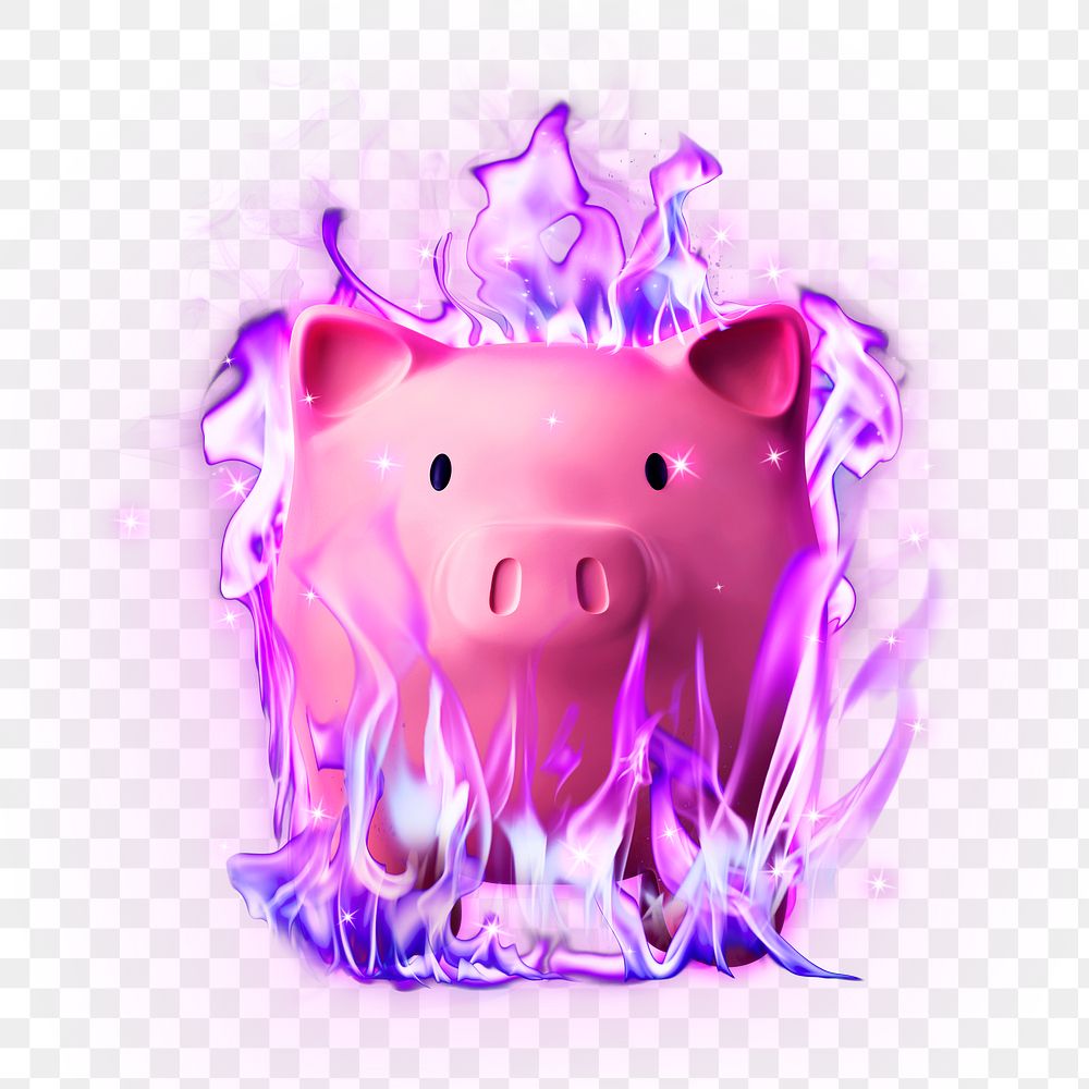 Flaming piggy bank png, 3D clipart, neon grunge design on transparent background