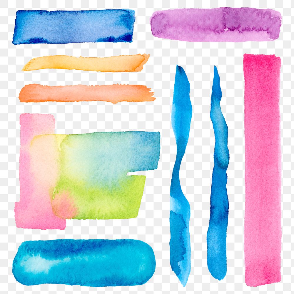 Watercolor png brush stroke, shape design, transparent background set