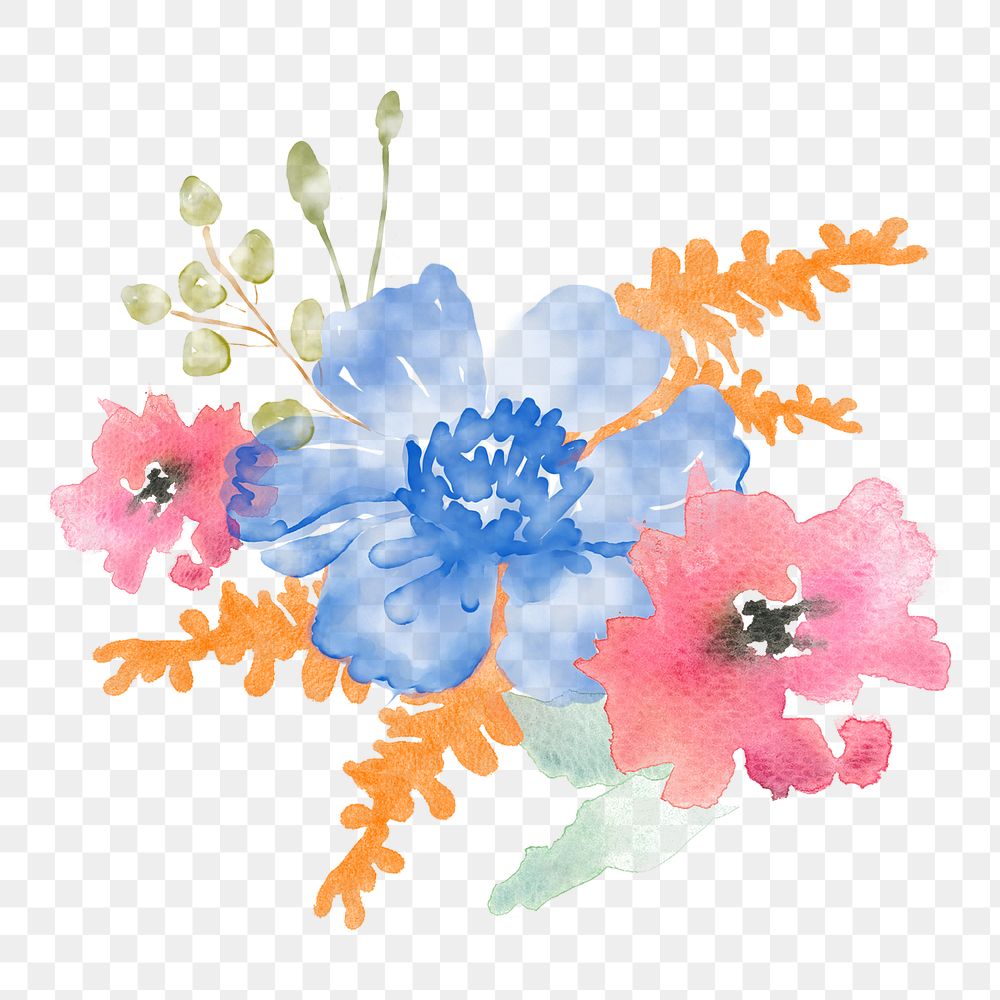 Floral png sticker, blue flower, nature watercolor illustration, transparent background