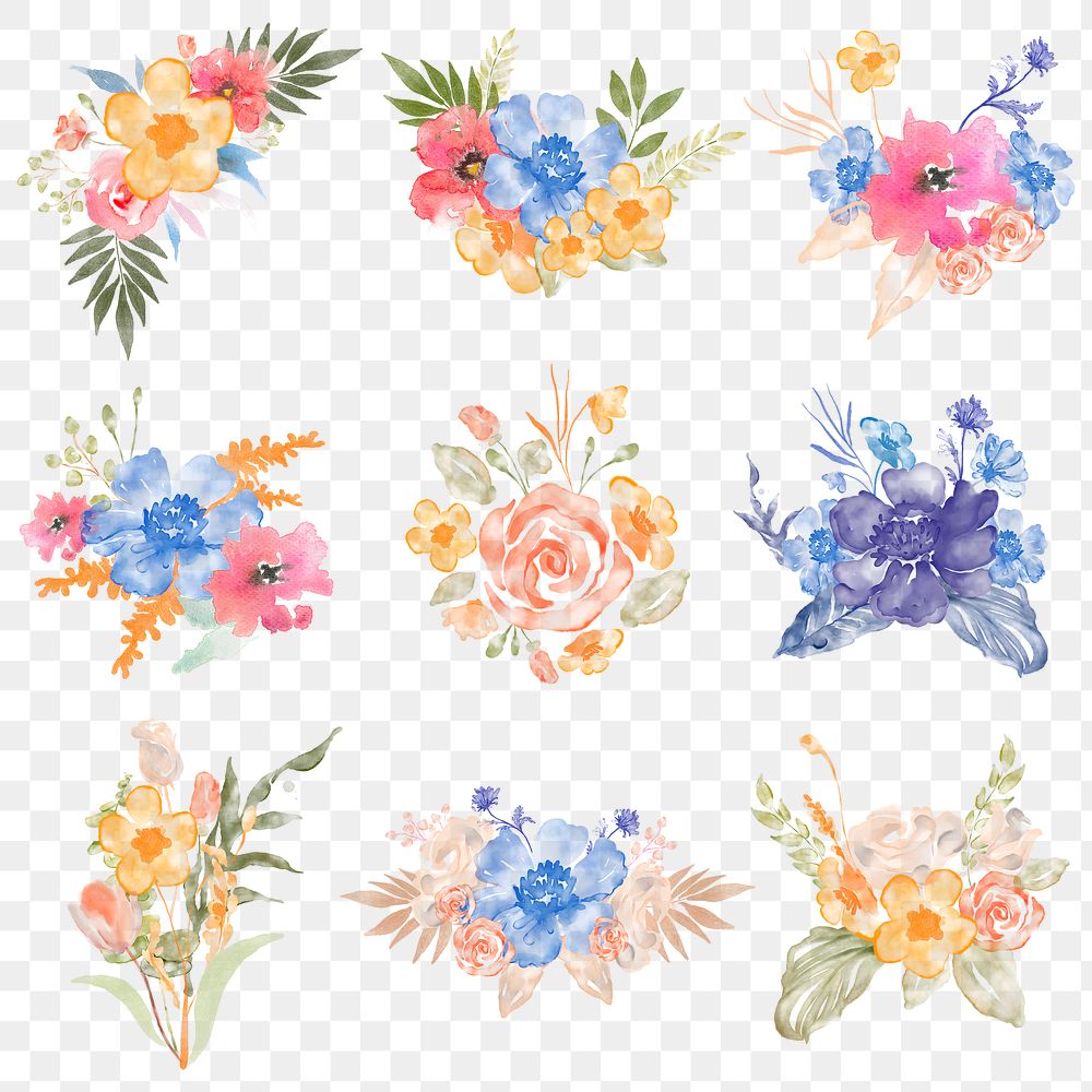 Flower bouquet png clipart, watercolor illustration, transparent background set