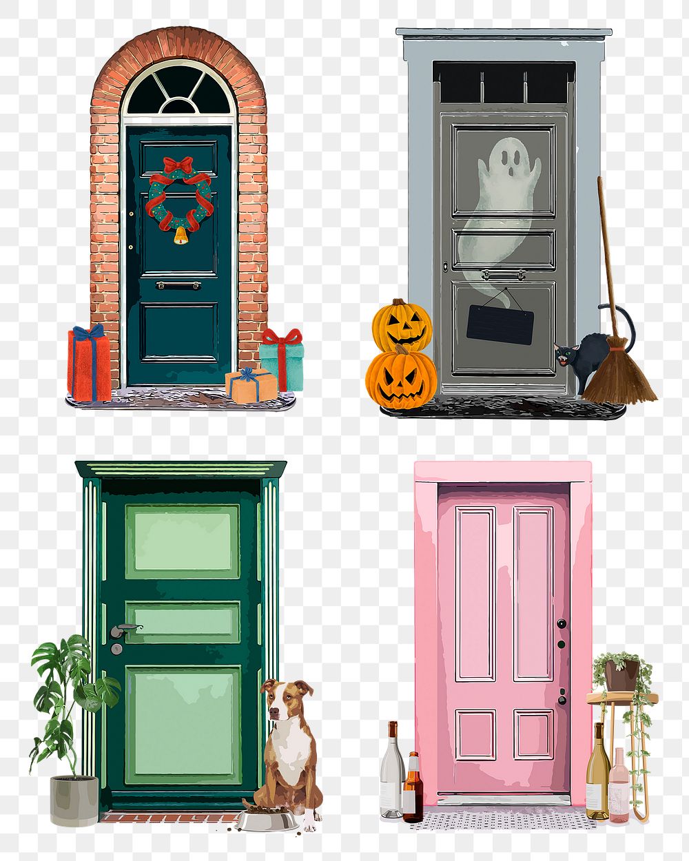 Festive decorated doors png clipart, home exterior illustration set on transparent background