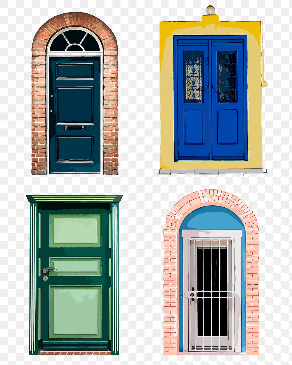 Modern house doors png clipart, exterior illustration set