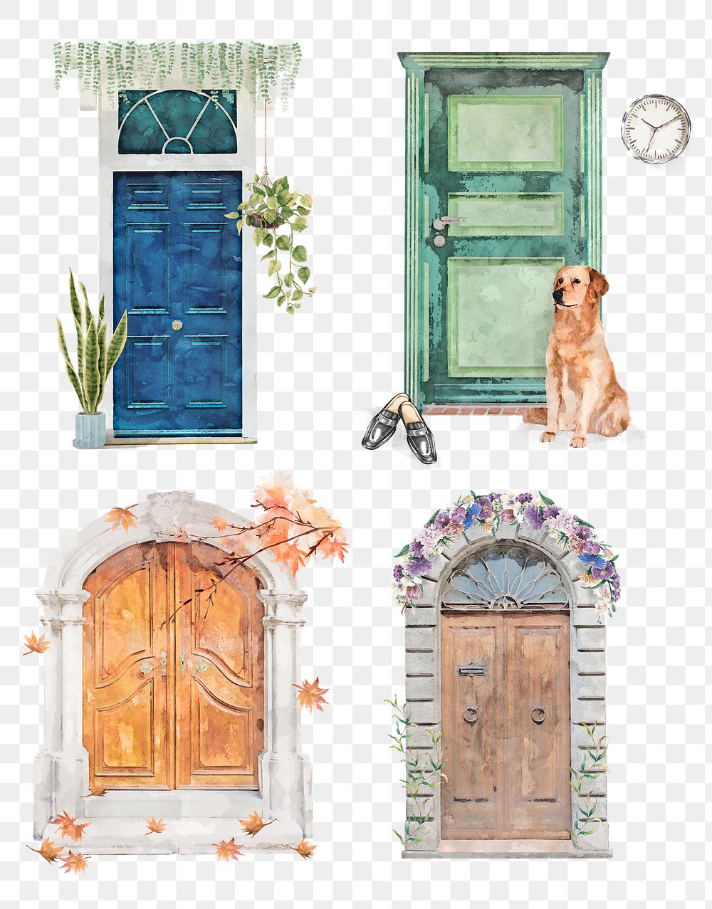 Seasonal aesthetic doors png clipart, architecture illustration set