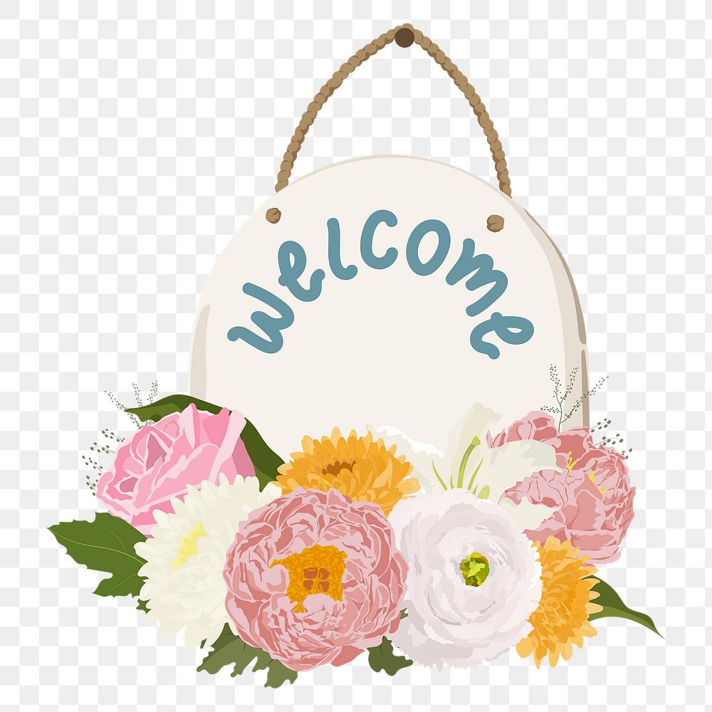 PNG hanging welcome sign clipart, colorful flower decoration, transparent background