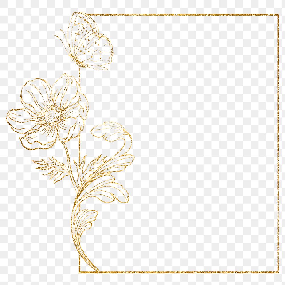 Gold flower png frame, aesthetic vintage floral design on transparent background