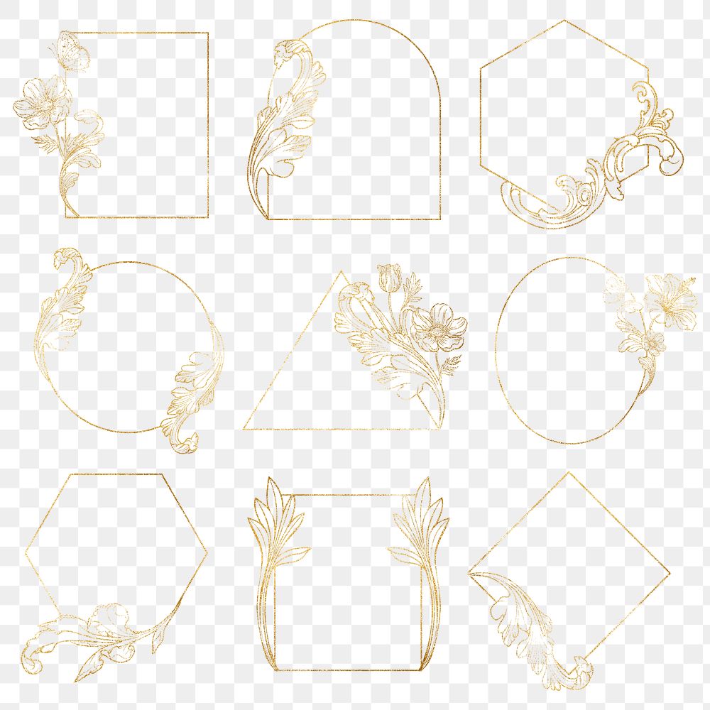 Gold flower png frame, aesthetic vintage floral design on transparent background set