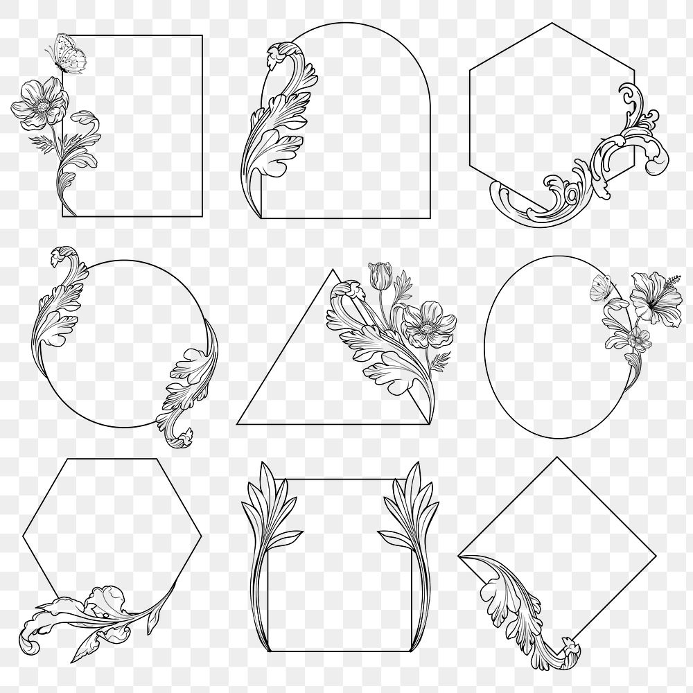 Floral frame png, aesthetic vintage ornamental design, transparent background set