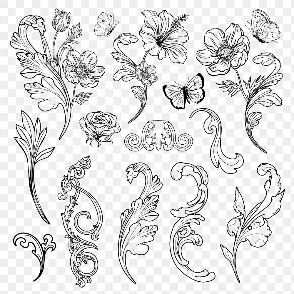 Flower png sticker, ornamental floral illustration on transparent background set