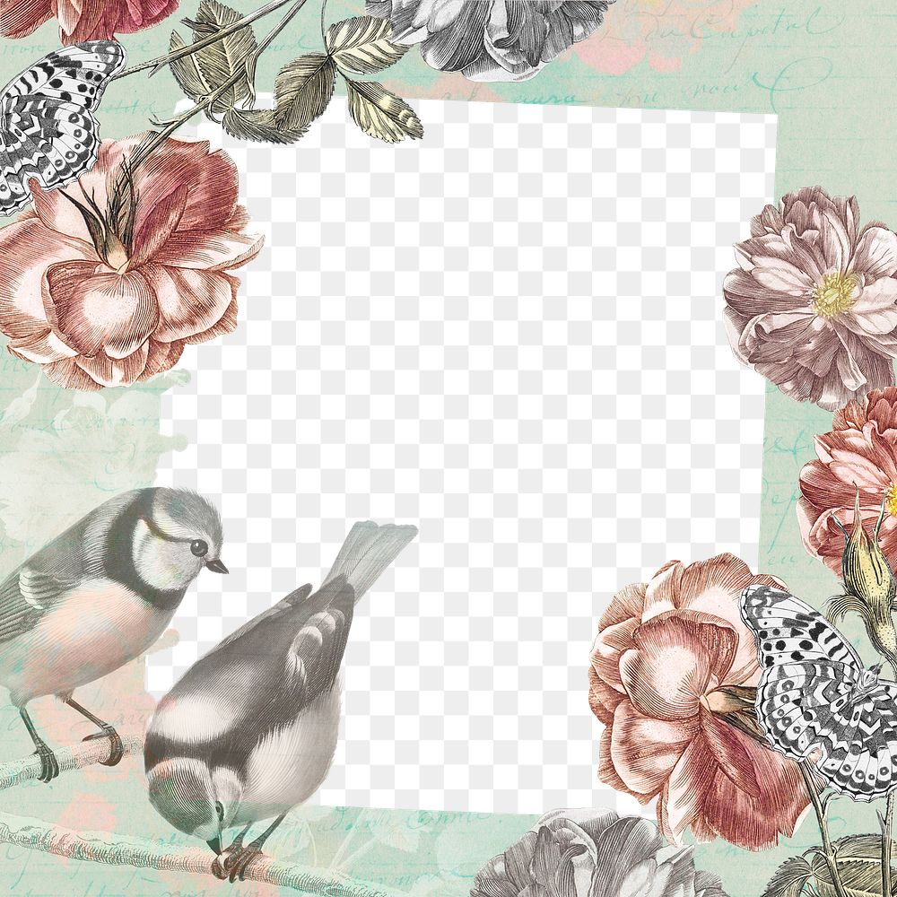 Vintage flower frame png, Ephemera style with bird scrapbook collage sticker and cut out on transparent background