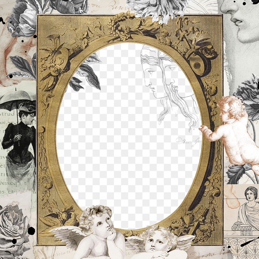 Vintage gold frame png, aesthetic cupid Ephemera style scrapbook collage sticker and cutout on transparent background