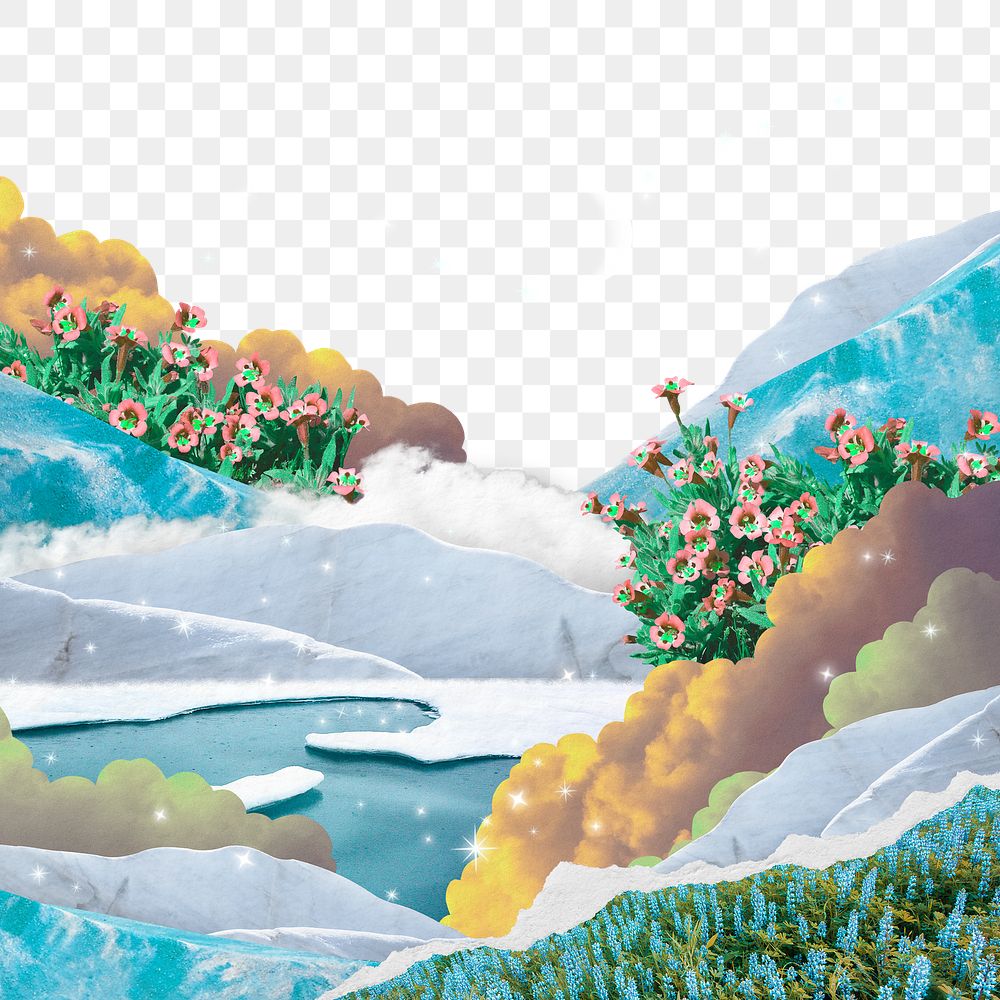 Surreal landscape mountain png, digital collage design, transparent background
